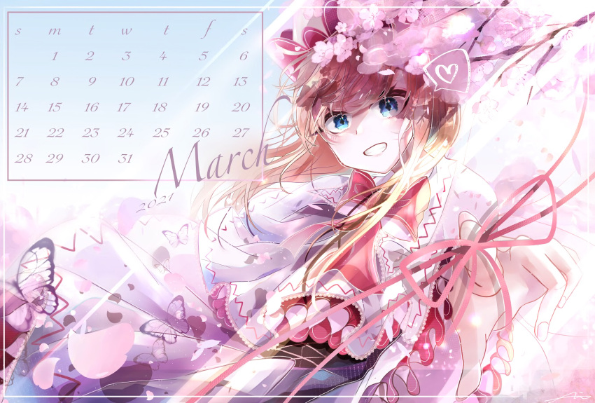 1girl 2021 blonde_hair blue_eyes blush bow bowtie branch bug butterfly calendar_(medium) capelet cherry_blossoms commentary_request dress fingernails flower frilled_capelet frills grin hat heart highres kamenozoki_ai light_rays lily_white long_hair looking_at_viewer march petals pink_bow pink_bowtie pink_flower pink_headwear pink_ribbon plant pointing pointing_at_viewer ribbon smile solo split_mouth spoken_heart touhou tree white_butterfly white_capelet white_dress