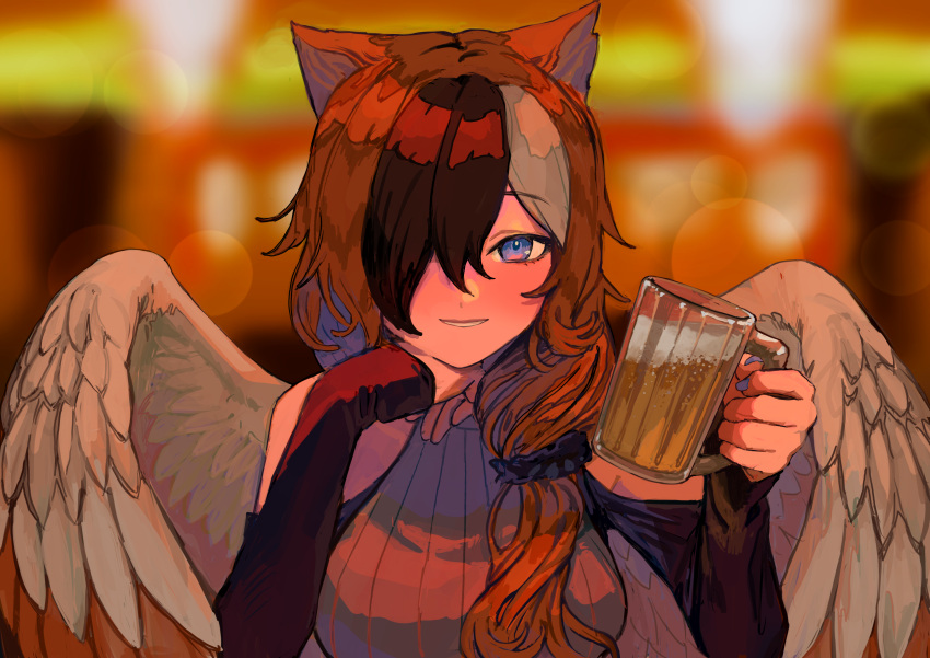 1girl absurdres alcohol animal_ears bar_(place) bare_shoulders beer beer_mug bird_girl bird_wings breasts brown_background brown_hair clothing_cutout commission cup estelle_(cieluscian) feathered_wings hair_ornament hair_over_one_eye hair_over_shoulder hair_scrunchie head_rest highres holding holding_cup indoors large_breasts long_hair long_sleeves looking_at_viewer low-tied_long_hair mug multicolored_hair original scrunchie second-party_source shima_natsu35 shoulder_cutout skeb_commission sleeveless sleeves_past_wrists smile streaked_hair sweater turtleneck turtleneck_sweater upper_body violet_eyes wings
