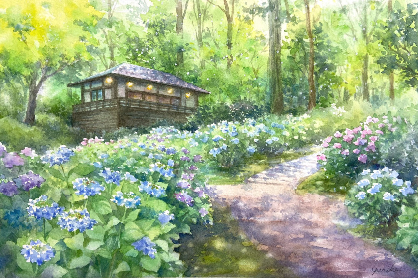 blue_flower building bush day flower forest grass highres house nature no_humans ooy33151086 original painting_(medium) path pink_flower plant purple_flower scenery sunlight traditional_media tree tree_shade watercolor_(medium) window wooden_wall