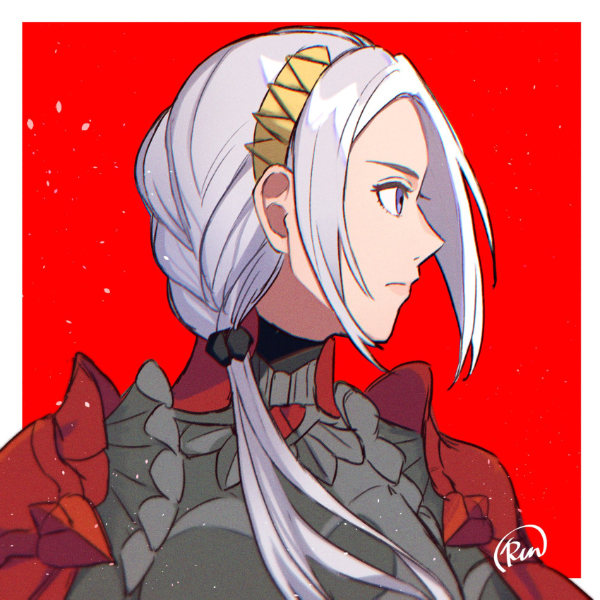 1girl closed_mouth commentary_request edelgard_von_hresvelg facing_to_the_side fire_emblem fire_emblem:_three_houses fire_emblem_warriors:_three_hopes highres looking_to_the_side official_alternate_costume official_alternate_hairstyle parted_bangs portrait runteya serious solo violet_eyes white_hair