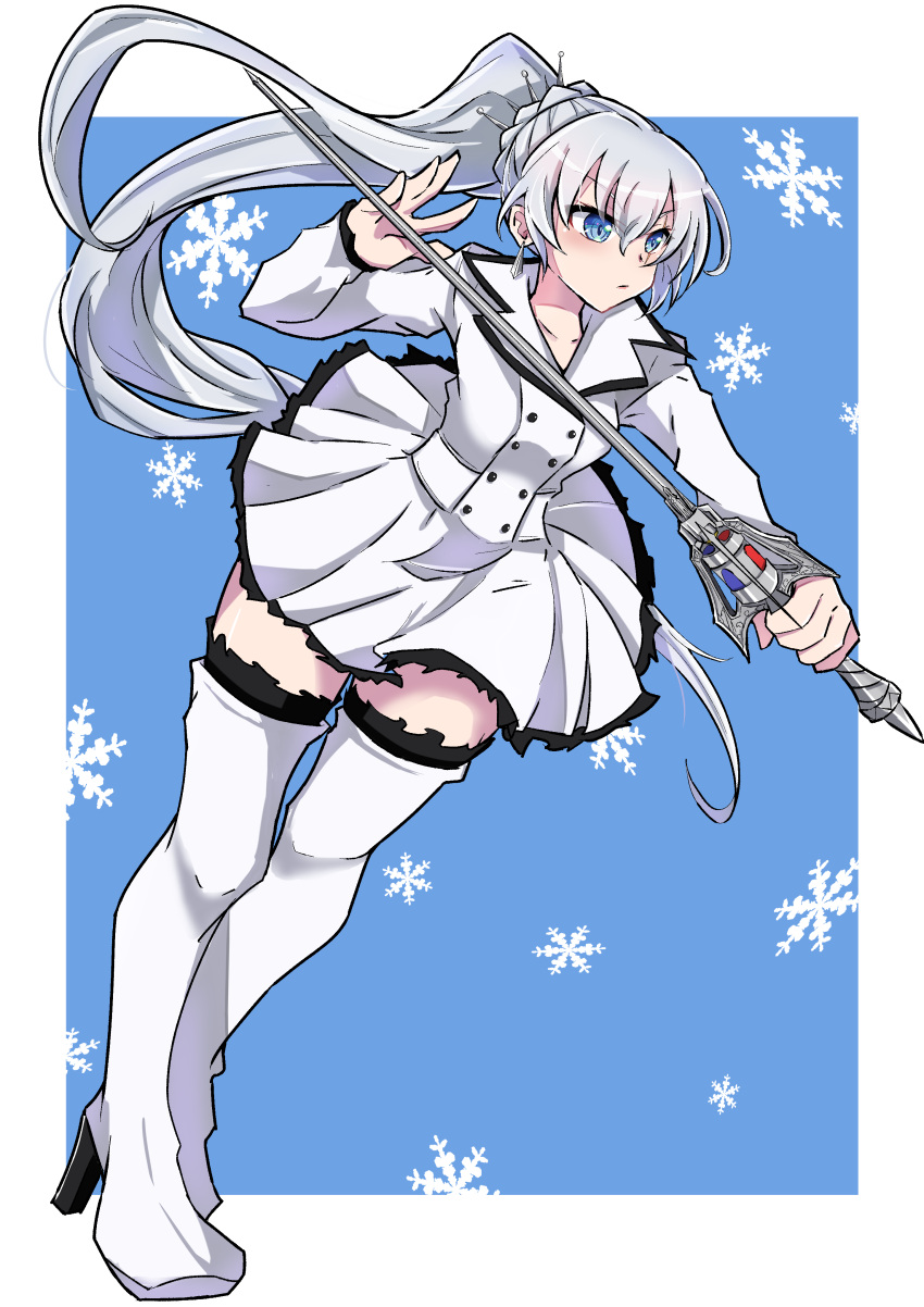 1girl absurdres bakuma blue_background blue_eyes boots dress earrings frilled_dress frills highres holding holding_sword holding_weapon jewelry long_hair miniskirt multicolored_background myrtenaster ponytail rwby scar scar_across_eye skirt snowflake_background snowflakes solo sword thigh_boots tiara weapon weiss_schnee white_background white_dress white_footwear white_hair zettai_ryouiki