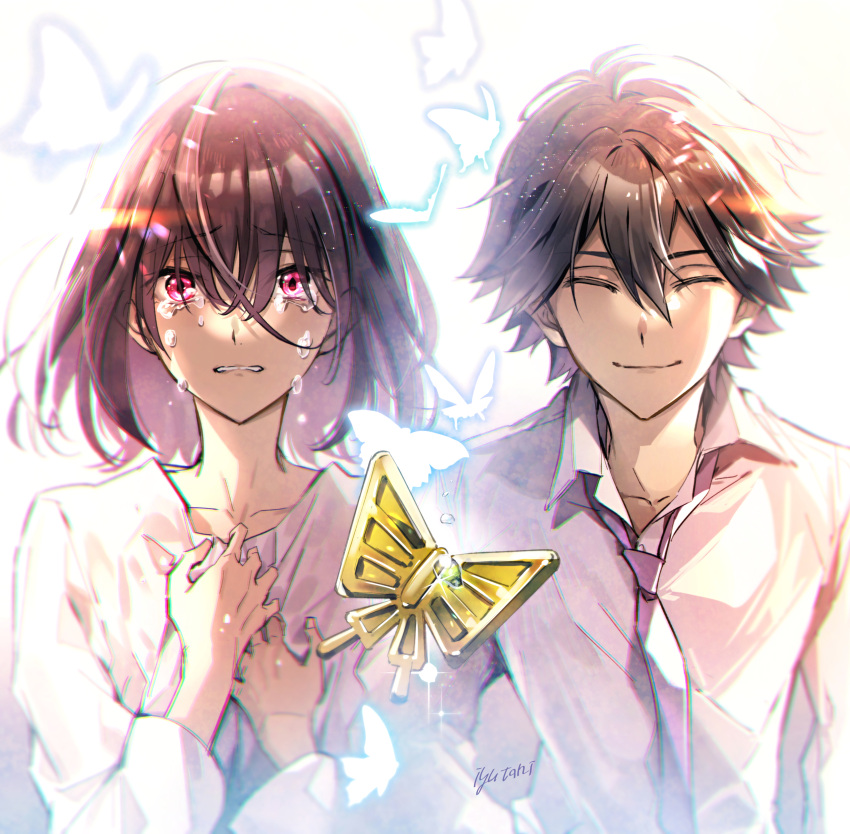 1boy 1girl ^_^ absurdres aged_down biting black_hair bob_cut brown_hair bug bungou_stray_dogs butterfly butterfly_hair_ornament choppy_bangs closed_eyes closed_mouth collared_shirt cowlick crying crying_with_eyes_open dress edogawa_ranpo_(bungou_stray_dogs) facing_viewer hair_between_eyes hair_ornament hands_on_own_chest highres iyutani lip_biting long_bangs long_sleeves looking_at_viewer necktie pink_eyes purple_necktie shirt short_hair simple_background smile split_screen tears unworn_hair_ornament upper_body white_background white_dress white_shirt yosano_akiko