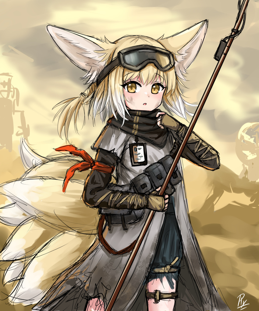 1girl absurdres animal_ears arknights bandana black_shorts blonde_hair brown_gloves commentary day dirty dirty_face english_commentary fingerless_gloves fox_ears fox_girl fox_tail gloves goggles goggles_on_head grey_jacket hair_between_eyes hand_up highres jacket layered_sleeves long_sleeves looking_at_viewer multicolored_hair outdoors parted_lips rylaera sand short_over_long_sleeves short_sleeves shorts signature sketch solo standing suzuran_(arknights) suzuran_(lostlands_flowering)_(arknights) tail two-tone_hair white_hair