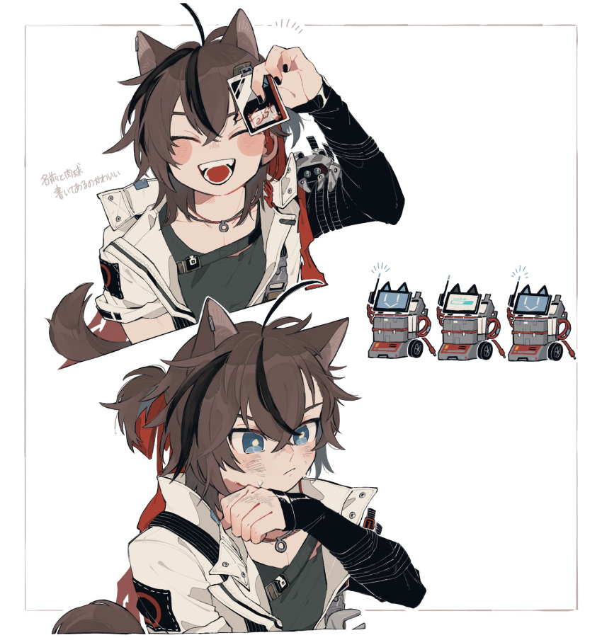 1boy :&gt; animal_ears arknights black_hair black_nails blue_eyes blush border bright_pupils brown_hair cat_boy cat_ears cat_tail commentary_request cropped_torso dirty dirty_face grey_shirt highres holding id_card jacket jewelry looking_at_viewer looking_to_the_side male_focus multicolored_hair multiple_views nail_polish necklace open_clothes open_jacket open_mouth redhead remu_(kudarizaka_25) robot shirt short_ponytail simple_background smile stainless_(arknights) streaked_hair tail translation_request upper_body white_background white_jacket white_pupils wrench