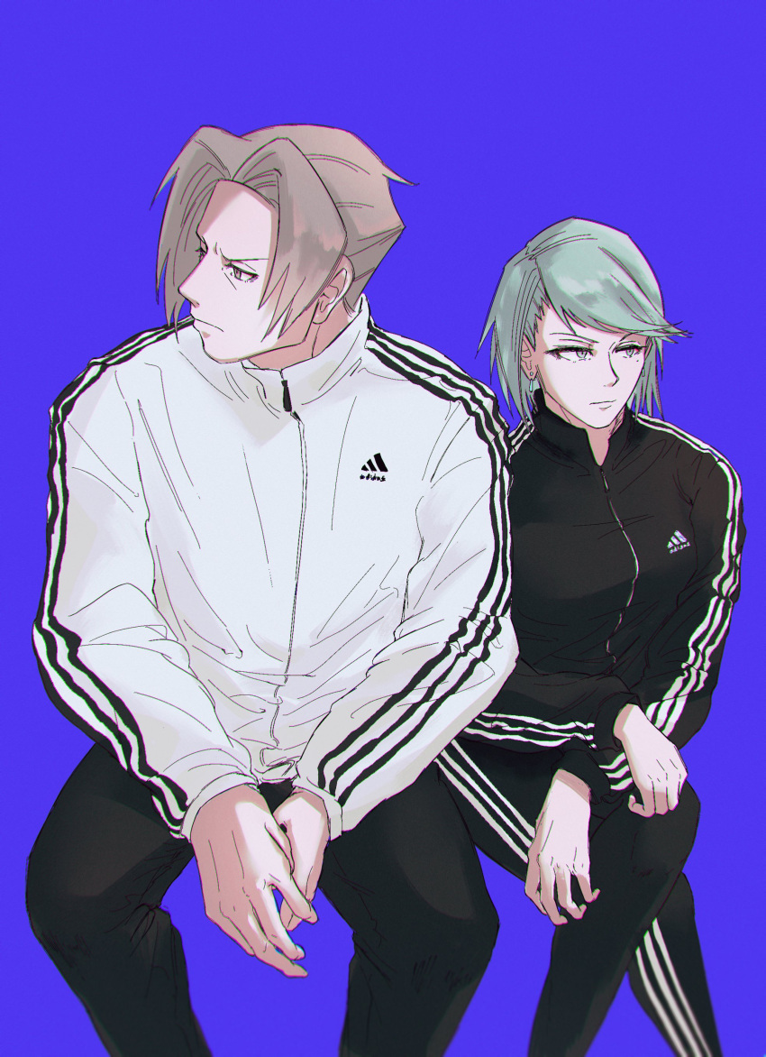 1boy 1girl absurdres ace_attorney adidas black_jacket black_pants blue_background blue_eyes blue_hair closed_mouth collared_jacket crossed_legs dxxx_xxxt earrings expression_request franziska_von_karma grey_eyes grey_hair hair_intakes highres invisible_chair jacket jewelry legs_apart long_sleeves miles_edgeworth open_collar own_hands_together pants short_hair sitting swept_bangs track_jacket track_pants track_suit triple_vertical_stripe v-shaped_eyebrows white_jacket zipper