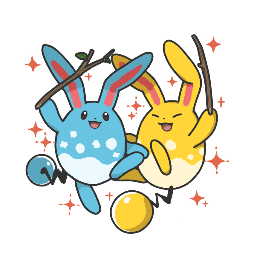 72kuri alternate_color animal_ears azumarill commentary_request highres holding holding_stick no_humans pokemon pokemon_(creature) rabbit_ears shiny_pokemon simple_background smile solid_oval_eyes sparkle stick tail white_background