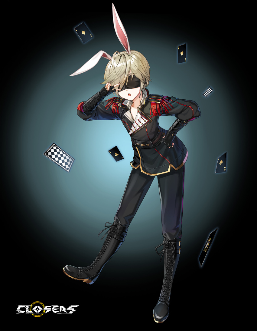 1boy ace_(playing_card) ace_of_clubs ace_of_diamonds ace_of_hearts ace_of_spades ahoge animal_ears aqua_background belt black_background black_belt black_blindfold black_footwear black_gloves black_jacket black_pants blindfold blush boots brown_hair card closers club_(shape) collarbone collared_shirt copyright_name covered_eyes cross-laced_footwear diamond_(shape) dress_shirt ear_down epaulettes extra_ears facing_viewer fingerless_gloves full_body gloves gradient_background hand_on_own_hip hand_up heart highres jacket knee_boots lace-up_boots leaning_forward legs_apart logo long_sleeves male_focus mistilteinn_(closers) official_art open_mouth pants pants_tucked_in playing_card rabbit_ears shirt short_hair solo spade_(shape) standing standing_on_one_leg striped striped_shirt tachi-e v-neck v_over_eye vertical-striped_shirt vertical_stripes