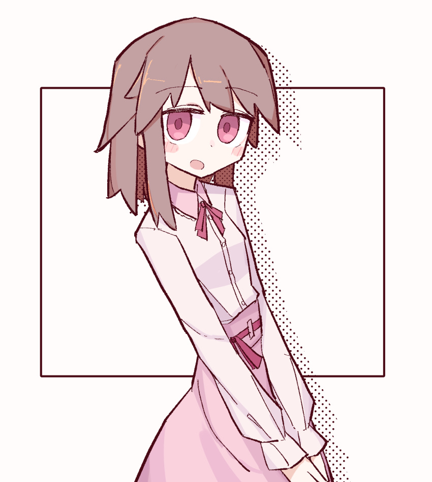 1girl border commentary dress from_side fusazakura halftone highres looking_at_viewer open_mouth original outside_border own_hands_together pink_dress pink_eyes pink_ribbon ribbon shadow shirt simple_background solo white_background white_shirt