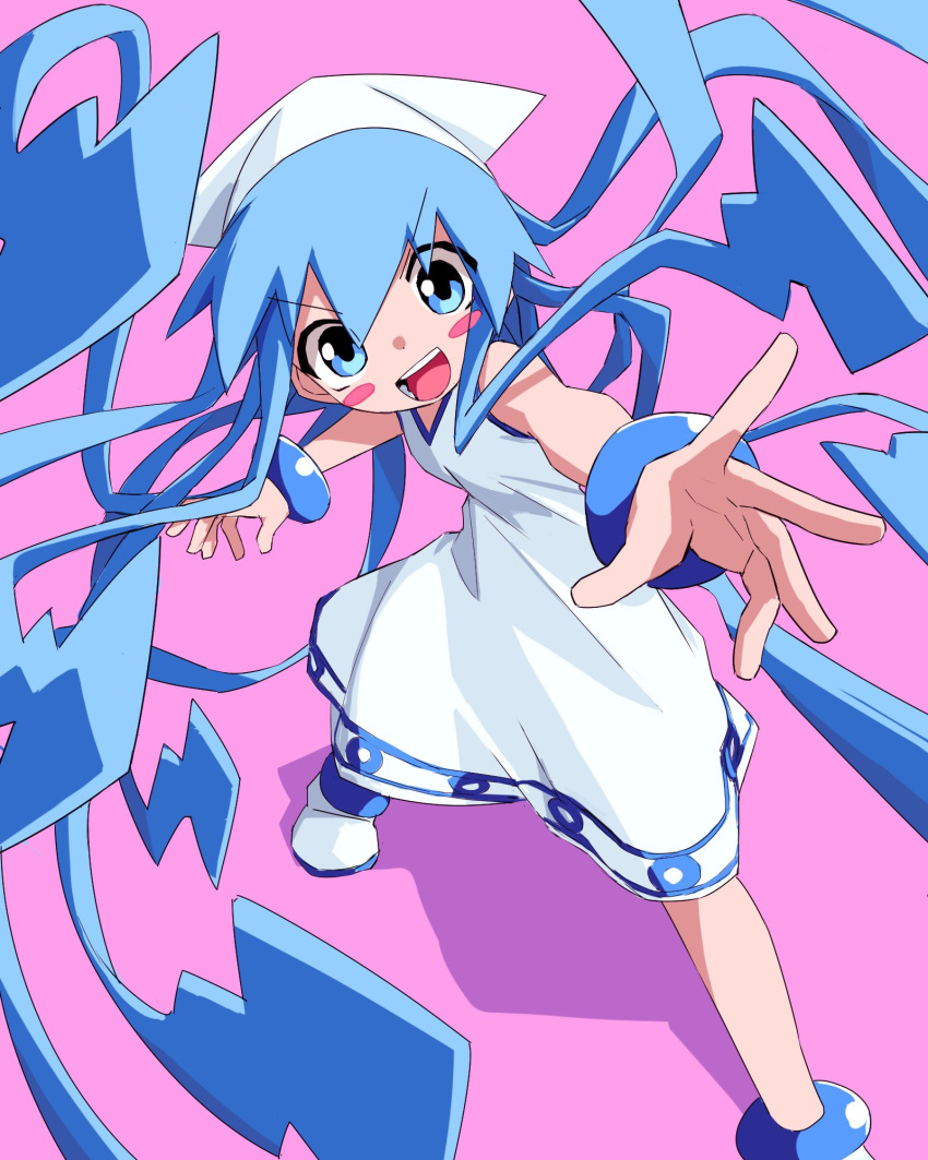 1girl blue_eyes blue_hair blush_stickers breasts dress hat highres ikamusume long_hair looking_at_viewer open_mouth pink_background prehensile_hair shinryaku!_ikamusume sleeveless sleeveless_dress small_breasts solo squid_hat tentacle_hair very_long_hair white_dress white_footwear white_headwear yachima_tana