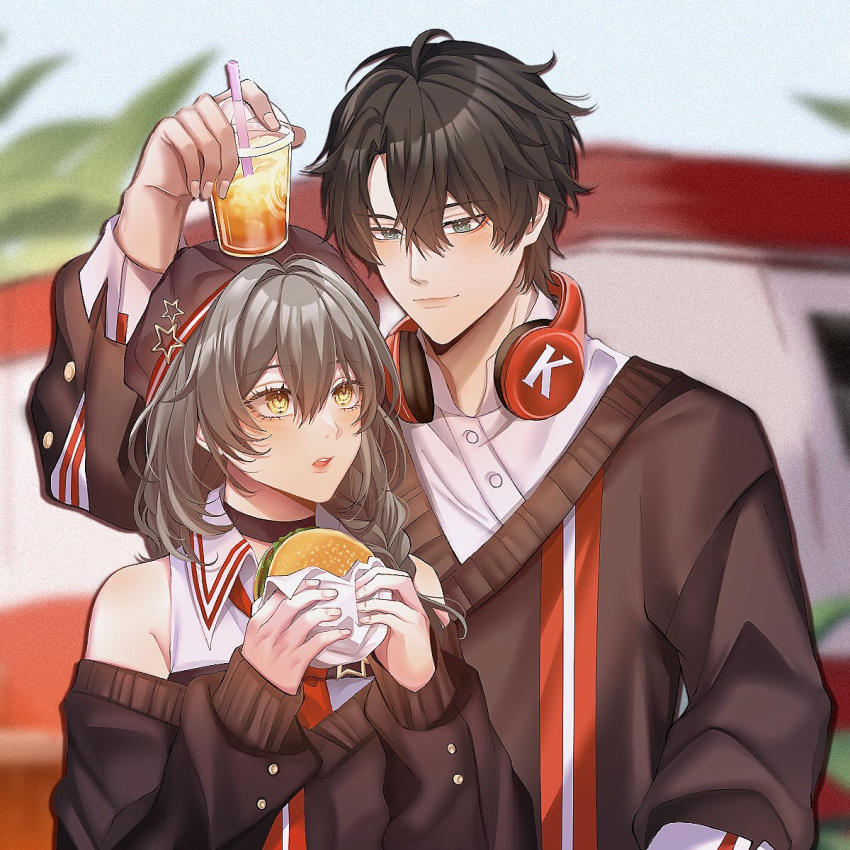 1boy 1girl alternate_costume bare_shoulders beret black_hair black_headwear black_sleeves black_sweater blush burger closed_mouth cup dan_heng_(honkai:_star_rail) dan_heng_(kfc)_(honkai:_star_rail) english_commentary food green_eyes hair_between_eyes harusa18865980 hat headphones headphones_around_neck height_difference highres holding holding_cup holding_food honkai:_star_rail honkai_(series) kfc looking_at_another open_mouth red_eyeliner shirt short_hair stelle_(honkai:_star_rail) sweater trailblazer_(honkai:_star_rail) trailer white_shirt yellow_eyes