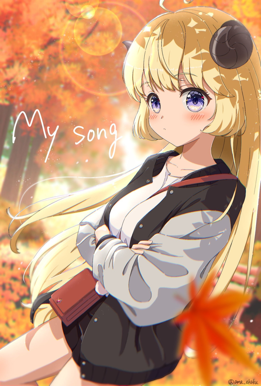 1girl ahoge alternate_costume ama_(ama_ekaku) autumn autumn_leaves bag black_cardigan blonde_hair blurry blurry_background blurry_foreground blush breasts cardigan closed_mouth cowboy_shot crossed_arms day dot_mouth expressionless falling_leaves highres hololive horns large_breasts leaf long_hair long_sleeves looking_at_viewer maple_leaf open_cardigan open_clothes outdoors sheep_girl sheep_horns shirt solo standing tree tsunomaki_watame very_long_hair violet_eyes virtual_youtuber white_shirt