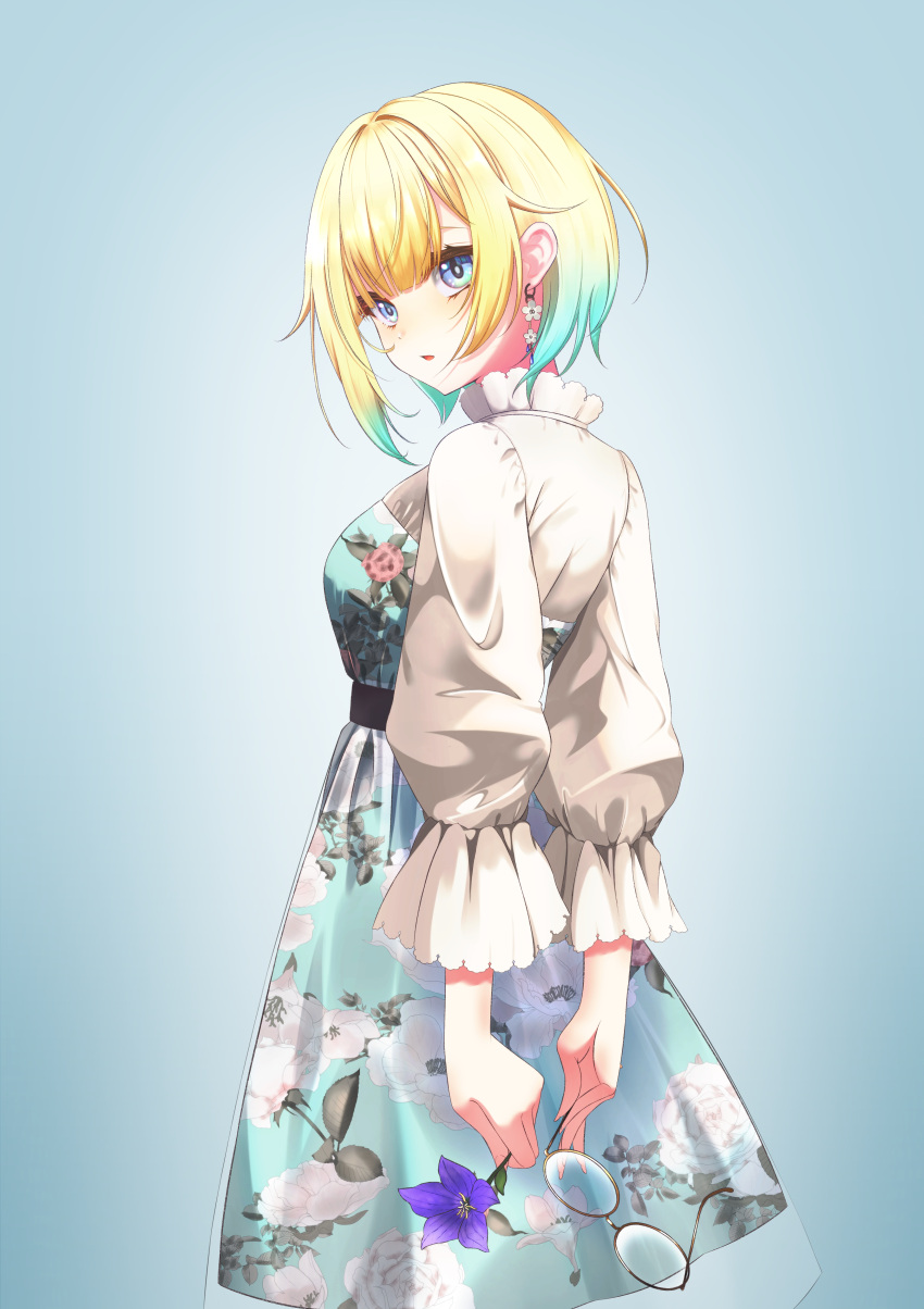 1girl absurdres aizawa_ema arms_behind_back belt blonde_hair blue_background blue_eyes blue_hair blunt_bangs breasts collared_dress dot_nose dress earrings floral_print flower glasses gradient_background gradient_hair hair_flaps highres holding holding_flower jewelry large_breasts looking_at_viewer multicolored_hair nouto open_mouth purple_flower short_hair simple_background solo unworn_eyewear virtual_youtuber vspo!