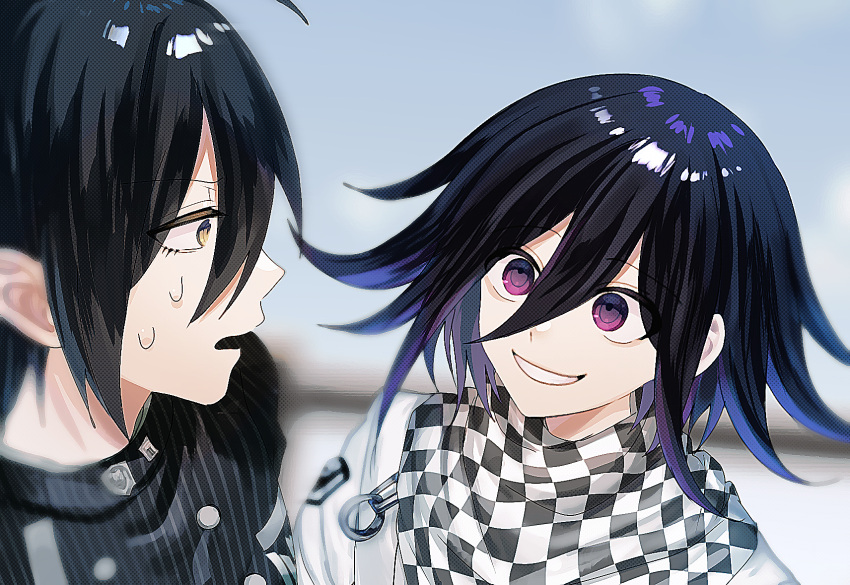 2boys :d black_jacket buttons checkered_clothes checkered_scarf danganronpa_(series) danganronpa_v3:_killing_harmony eye_contact flipped_hair grin hair_between_eyes highres jacket looking_at_another male_focus multicolored_hair multiple_boys oma_kokichi profile saihara_shuichi scarf short_hair smile striped striped_jacket sweat teeth teruha_kurumi two-tone_hair violet_eyes white_jacket wide-eyed yellow_eyes
