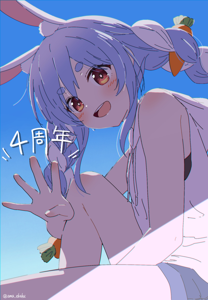 1girl alternate_costume ama_(ama_ekaku) animal_ear_fluff animal_ears anniversary artist_name bare_arms bare_legs blue_hair blue_shorts blue_sky blush braid carrot_hair_ornament clear_sky commentary_request cowboy_shot day extra_ears finger_counting food-themed_hair_ornament hair_ornament hand_up highres hololive hood hoodie knee_up long_hair looking_at_viewer multicolored_hair open_mouth orange_eyes outdoors partial_commentary rabbit-shaped_pupils rabbit_ears rabbit_girl red_eyes short_eyebrows shorts sidelocks sitting sky sleeveless sleeveless_hoodie smile solo symbol-shaped_pupils teeth thick_eyebrows translated twin_braids twintails two-tone_hair upper_teeth_only usada_pekora virtual_youtuber white_hair white_hoodie