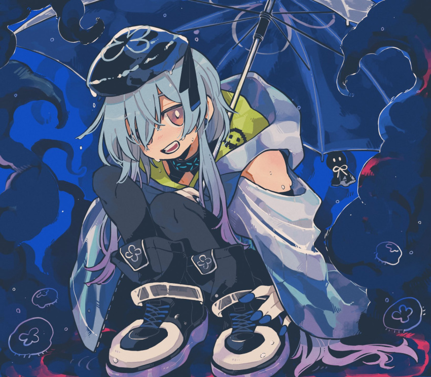 1boy arknights beret black_footwear black_pants blue_background blue_gloves blue_hair blue_hoodie blush bright_pupils clothing_cutout commentary full_body gloves gradient_hair hair_over_one_eye hat head_tilt highres holding holding_umbrella hood hoodie infection_monitor_(arknights) jellyfish knees_up light_blue_hair long_hair looking_at_viewer male_focus mizuki_(arknights) multicolored_clothes multicolored_hair multicolored_hoodie open_mouth pants pink_eyes purple_hair remu_(kudarizaka_25) shoulder_cutout simple_background solo squatting teeth tentacles teruterubouzu two-tone_gloves umbrella very_long_hair white_gloves white_hoodie white_pupils
