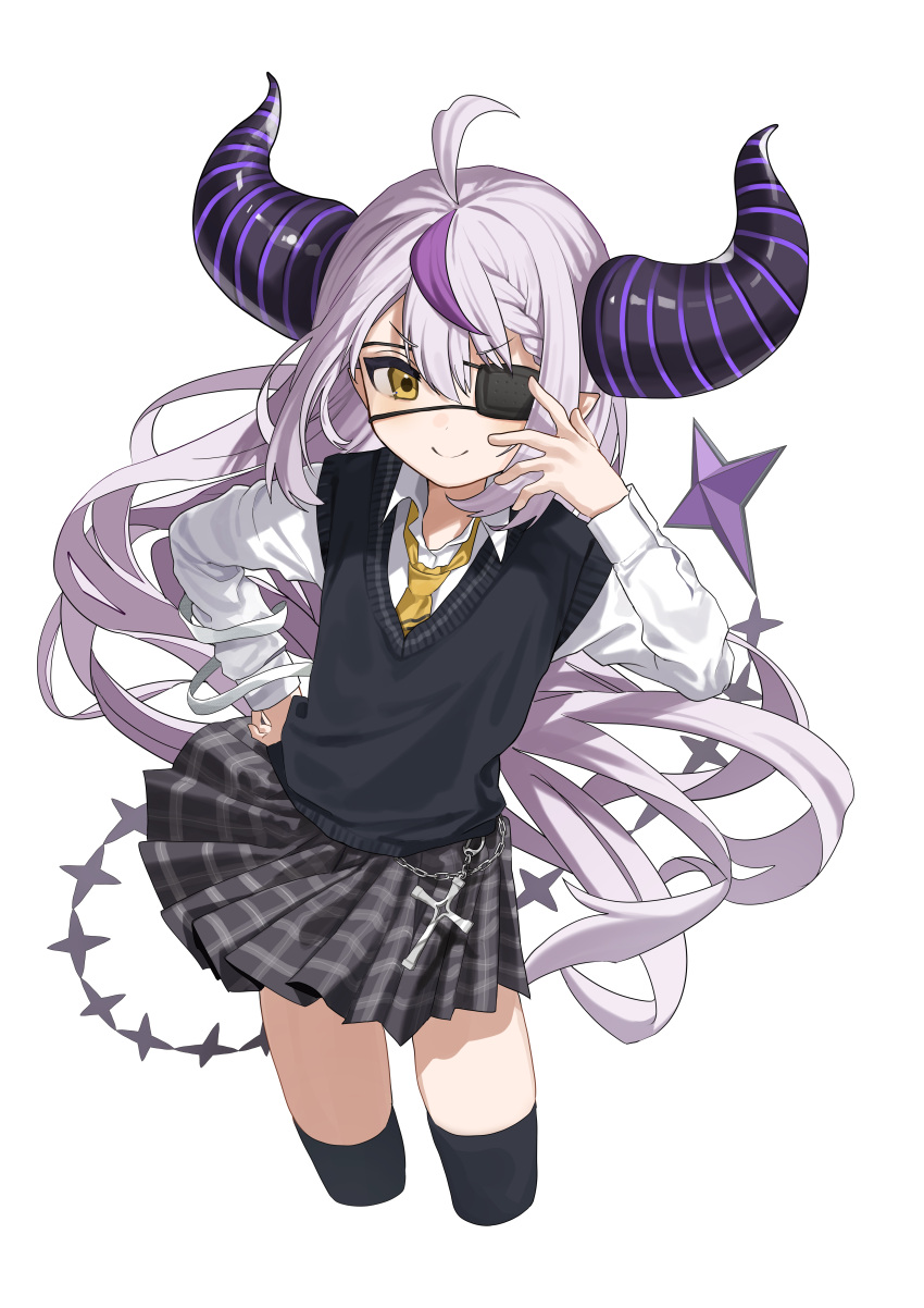 1girl absurdres ahoge alternate_costume black_skirt black_sweater_vest black_thighhighs braid braided_bangs chuunibyou closed_mouth collared_shirt commentary cropped_legs demon_girl demon_horns demon_tail eyepatch grey_hair hair_between_eyes hand_on_own_hip hand_up highres hololive horns huge_horns la+_darknesss long_hair long_sleeves looking_at_viewer miniskirt multicolored_hair necktie plaid plaid_skirt pleated_skirt purple_hair school_uniform shirt simple_background skirt smile solo streaked_hair sweater_vest tachibana_wataru_(123tsuki) tail thigh-highs two-tone_hair v-shaped_eyebrows very_long_hair virtual_youtuber white_background white_shirt wind wind_lift yellow_eyes yellow_necktie