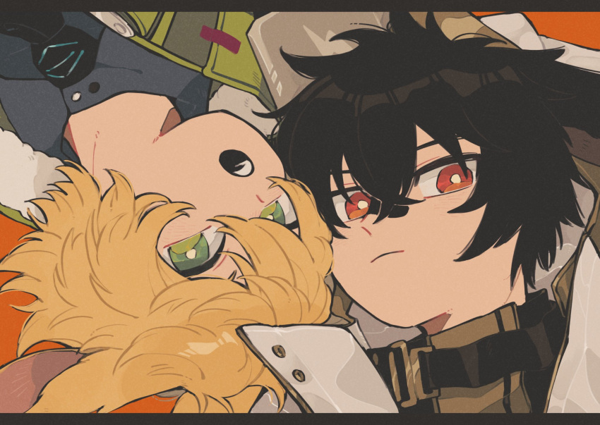 2boys :o animal_ears arknights ayerscarpe_(arknights) black_hair black_necktie blonde_hair blue_shirt bright_pupils coat commentary frown green_eyes high_collar highres leonhardt_(arknights) letterboxed looking_at_viewer male_focus multiple_boys necktie open_mouth orange_background rabbit_boy rabbit_ears red_eyes remu_(kudarizaka_25) shirt simple_background teeth upper_teeth_only upside-down white_coat white_pupils