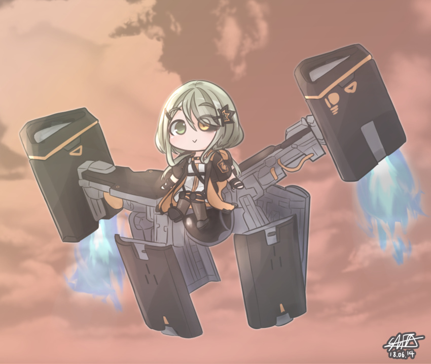 1girl chibi clip_studio_paint_(medium) clouds cloudy_sky colored_sclera dated drone eyepatch fairy_(girls'_frontline) flying girls_frontline green_eyes hair_ornament heterochromia hiromaster_sinta_jh leaf_print long_hair looking_at_viewer maple_leaf_print mismatched_sclera orange_sky signature sky solo sunset tac-50_(girls'_frontline) yellow_eyes