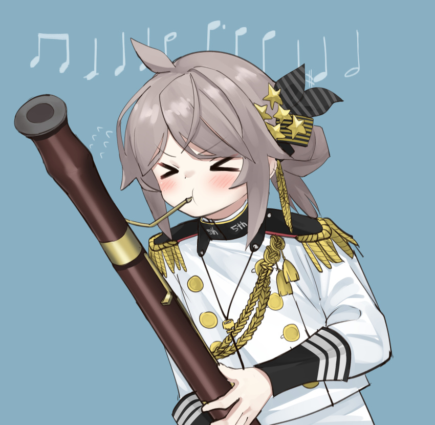 bassoon black_wrist_cuffs celebration closed_eyes concentrating girls_frontline highres instrument m200_(girls'_frontline) m200_(solemn_march)_(girls'_frontline) military music musical_note pepsi2330 playing_instrument simple_background white_uniform