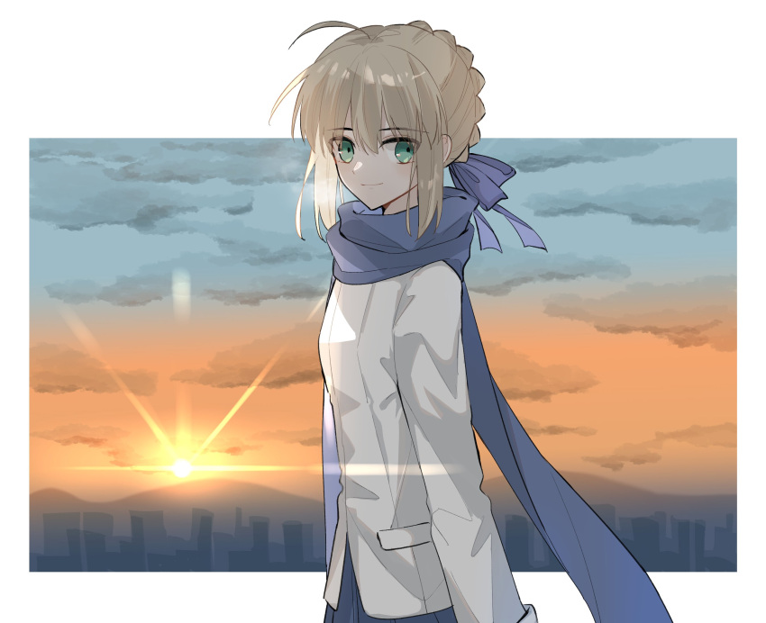 1girl ahoge artoria_pendragon_(fate) blonde_hair blue_ribbon blue_scarf blue_skirt border braid double-parted_bangs fate/stay_night fate_(series) gradient_sky hair_between_eyes hair_ribbon highres jacket looking_at_viewer nayu_tundora orange_sky pleated_skirt ribbon saber scarf sidelocks skirt sky solo sunset white_border white_jacket
