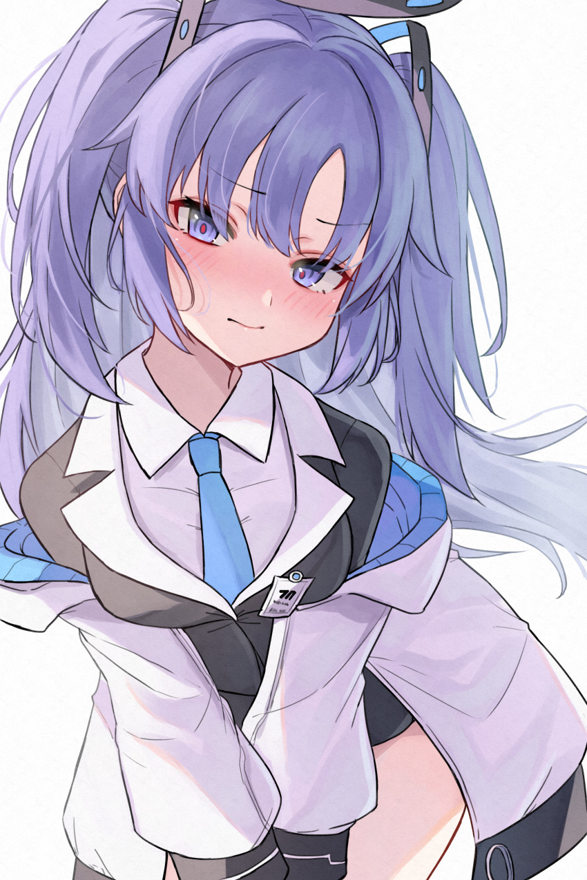 1girl absurdres blue_archive blue_eyes blue_hair blue_necktie blush breasts closed_mouth collared_shirt cowboy_shot halo highres id_card jacket katsukare large_breasts long_hair long_sleeves looking_at_viewer mechanical_halo name_tag necktie purple_hair school_uniform shirt simple_background solo suit two-sided_fabric two-sided_jacket violet_eyes white_background white_shirt yuuka_(blue_archive)