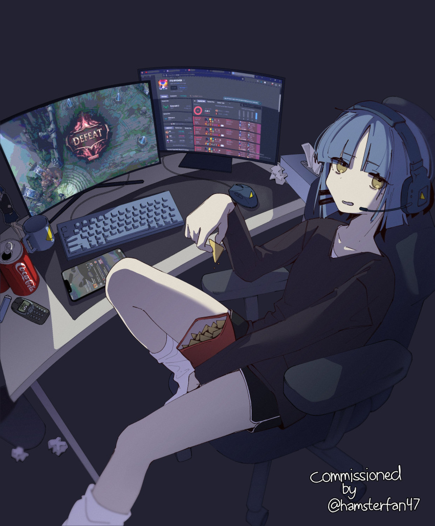 1girl absurdres bag_of_chips black_shirt blue_hair bocchi_the_rock! can cellphone chips_(food) coca-cola collarbone commission computer cup food headset highres holding holding_food keyboard_(computer) league_of_legends long_sleeves machuuu68 md5_mismatch monitor mouse_(computer) mug on_chair open_mouth phone resolution_mismatch shirt short_hair shorts sitting socks solo source_smaller swivel_chair table tissue tissue_box twitter_username white_socks yamada_ryo yellow_eyes