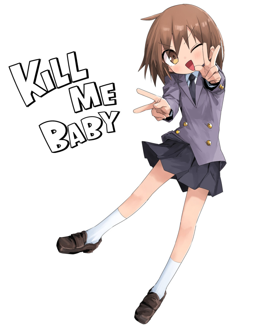 1girl black_necktie black_skirt brown_eyes brown_footwear brown_hair collared_shirt commentary copyright_name double_v full_body grey_jacket highres jacket kill_me_baby loafers looking_at_viewer necktie one_eye_closed open_mouth oribe_yasuna pleated_skirt school_uniform shirt shoes short_hair simple_background skirt socks solo v white_background white_shirt white_socks yachima_tana