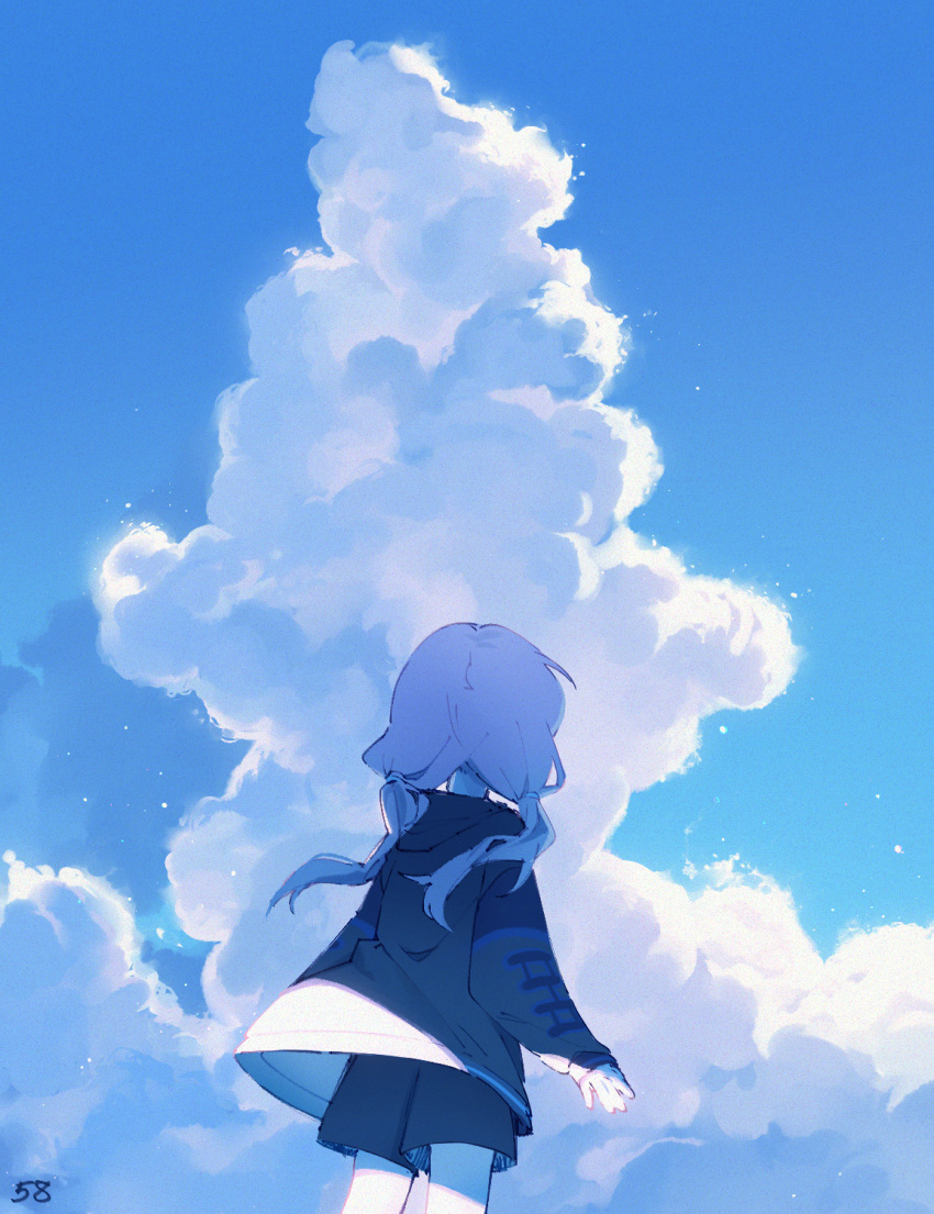 1girl arknights black_shorts blue_jacket blue_poison_(arknights) clouds cloudy_sky commentary cowboy_shot cumulonimbus_cloud dailybloopy floating_hair from_behind highres jacket long_hair long_sleeves low_twintails nape pink_hair shorts sky solo twintails