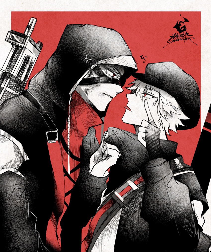 2boys anger_vein arknights black_gloves black_headwear black_jacket cabbie_hat eye_contact fingerless_gloves gloves grey_background hair_between_eyes hat hateful_avenger_(arknights) highres jacket long_sleeves looking_at_another monochrome multiple_boys oonohara_kenya open_clothes open_jacket profile puffy_long_sleeves puffy_sleeves red_(npc)_(arknights) red_background red_eyes red_shirt shirt signature tongue tongue_out two-tone_background upper_body white_shirt