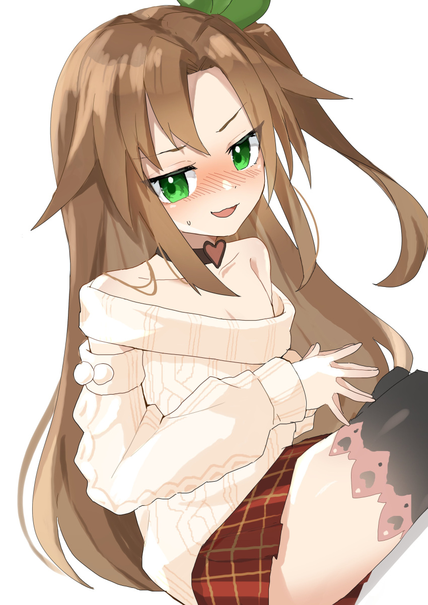 1girl absurdres artist_request bare_shoulders black_thighhighs blush brown_hair check_artist choker collarbone commentary_request commission compa compa_(cosplay) cosplay detached_sleeves green_eyes hair_between_eyes hair_ornament heart heart_choker highres if_(neptune_series) leaf_hair_ornament neptune_(series) open_mouth plaid plaid_skirt pom_pom_(clothes) red_skirt shibuminigai sitting skeb_commission skirt sweater thigh-highs
