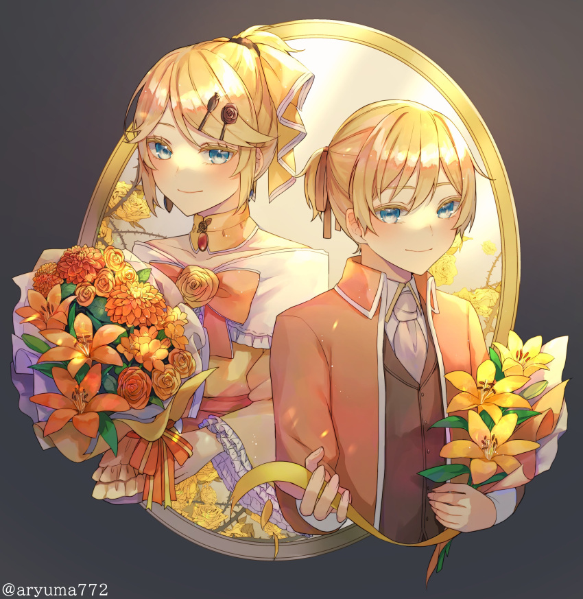1boy 1girl absurdres aku_no_meshitsukai_(vocaloid) aku_no_musume_(vocaloid) allen_avadonia aryuma772 ascot bare_shoulders blazer blonde_hair blue_eyes bouquet bow brooch brother_and_sister brown_background choker collared_jacket collared_shirt colored_eyelashes dress dress_bow earrings evillious_nendaiki flower four_mirrors_of_lucifenia frilled_dress frilled_sleeves frills gem hair_bow hair_ornament hairclip high_ponytail highres holding holding_bouquet jacket jewelry kagamine_len kagamine_rin lily_(flower) looking_at_viewer mirror off-shoulder_dress off_shoulder orange_bow orange_jacket picture_frame red_gemstone riliane_lucifen_d'autriche rose shirt siblings sidelocks sideways_glance smile swept_bangs thorns twins updo vessel_of_sin vocaloid white_ascot wide_sleeves yellow_bow yellow_choker yellow_dress yellow_flower yellow_rose