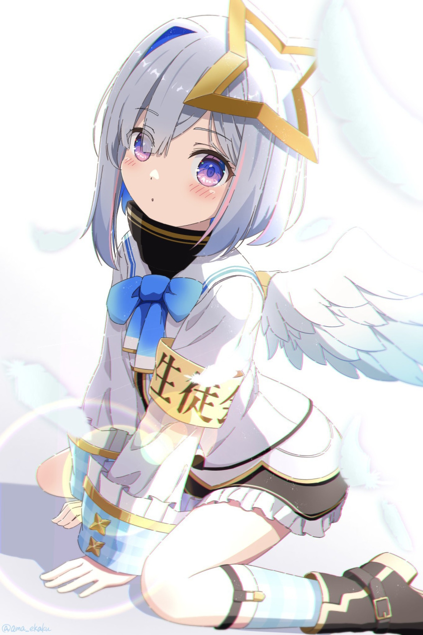 1girl ama_(ama_ekaku) amane_kanata amane_kanata_(1st_costume) angel_wings armband asymmetrical_bangs asymmetrical_hair black_footwear black_skirt blue_bow blue_bowtie blue_hair blue_socks blue_wings blush bob_cut boots bow bowtie colored_inner_hair commentary english_commentary expressionless falling_feathers feathered_wings foot_out_of_frame frilled_skirt frills gingham_socks gradient_wings grey_hair grey_jacket hair_over_one_eye halo highres hololive jacket kneehighs kneeling legwear_garter long_sleeves looking_at_viewer mini_wings miniskirt mixed-language_commentary multicolored_hair multicolored_wings on_floor parted_lips pink_hair sailor_collar shirt short_hair simple_background single_hair_intake skirt sleeve_cuffs sleeves_past_wrists socks solo star_halo streaked_hair turtleneck violet_eyes virtual_youtuber white_background white_shirt white_wings wide_sleeves wings