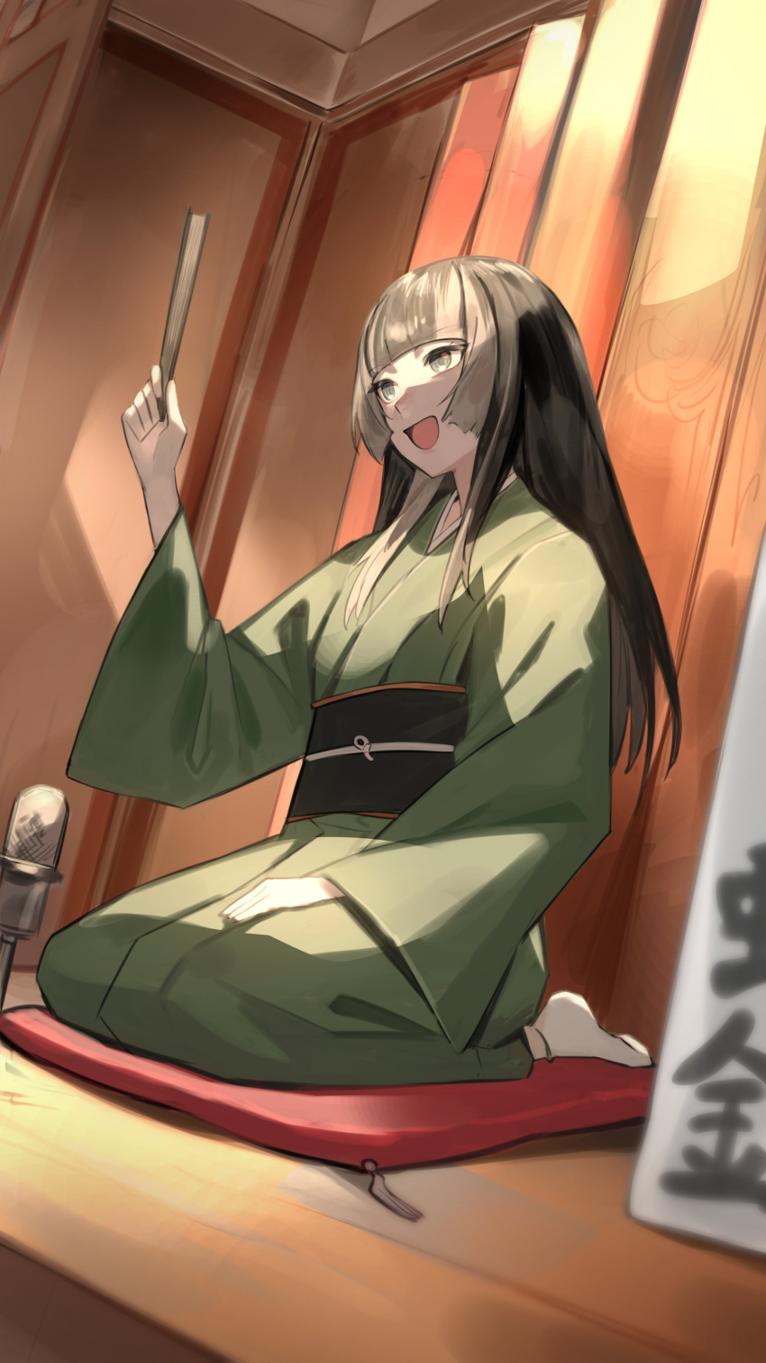 1girl absurdres black_hair blunt_bangs cushion green_eyes green_kimono grey_hair hand_on_lap highres holding hololive hololive_dev_is japanese_clothes juufuutei_raden kimono kouhiipan long_hair microphone multicolored_hair open_mouth seiza sitting socks solo streaked_hair two-tone_hair virtual_youtuber white_socks
