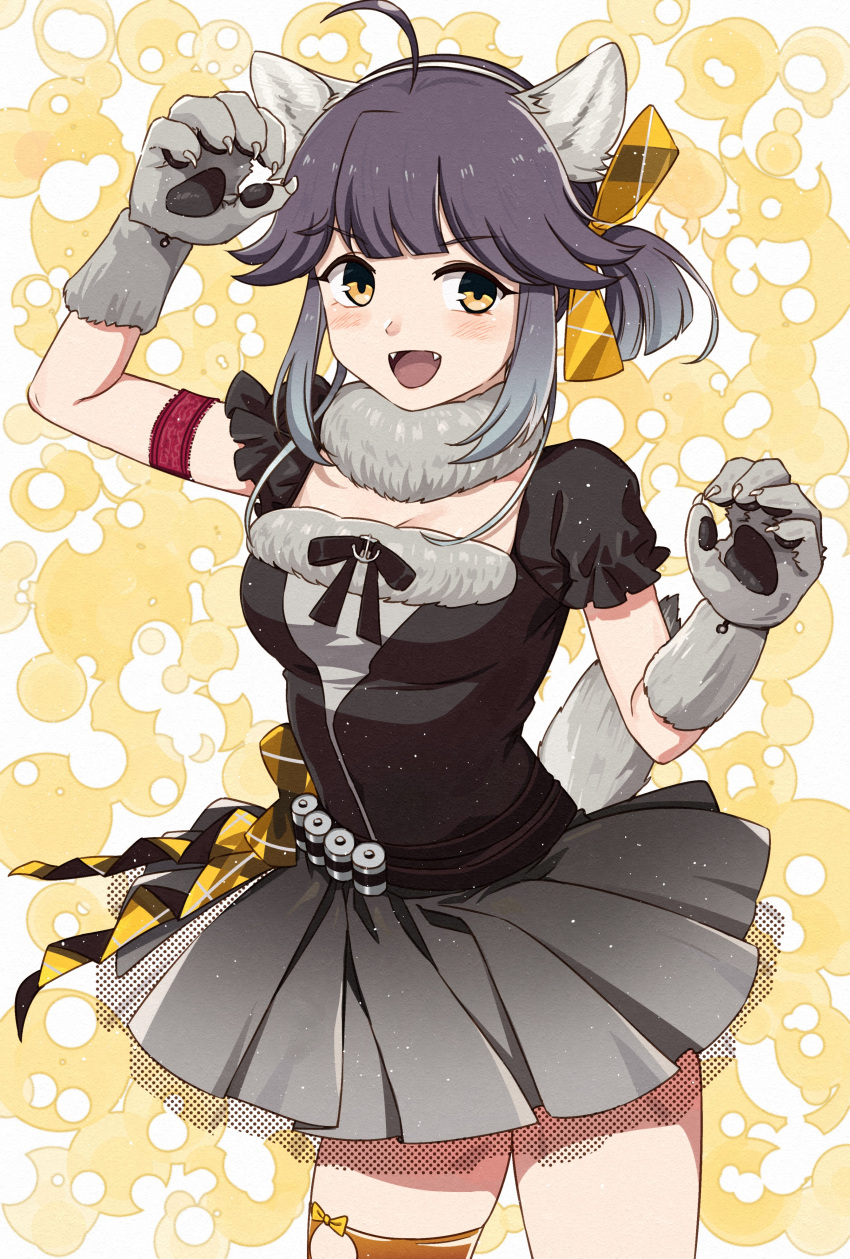 1girl absurdres ahoge animal_ears animal_hands black_dress breasts dress fake_animal_ears fake_tail fangs fur-trimmed_dress fur_trim gloves hair_ribbon halloween_costume hayanami_(kancolle) highres kanmiya_shinobu kantai_collection looking_at_viewer official_alternate_costume open_mouth orange_eyes orange_ribbon paw_gloves ponytail purple_hair ribbon short_sleeves side_ponytail simple_background small_breasts solo tail wolf_ears wolf_tail