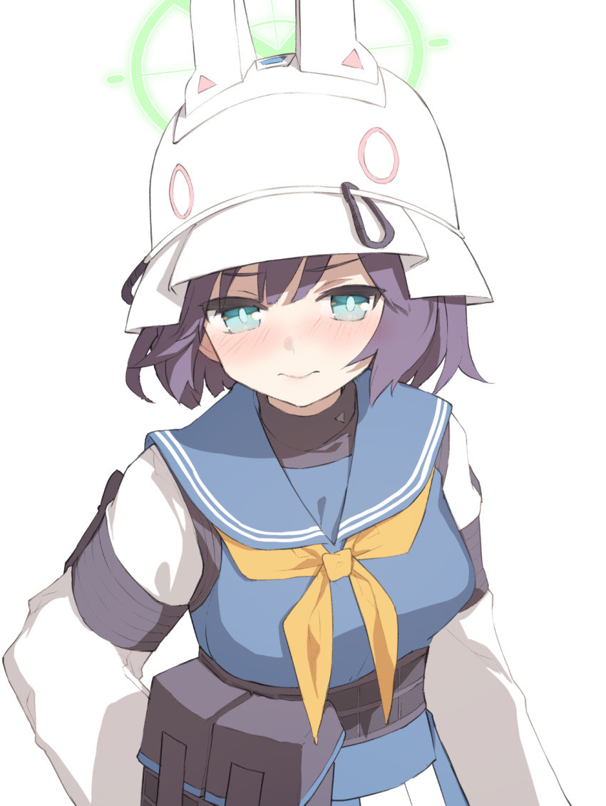 1girl animal_ear_headwear animal_ears aqua_eyes belt_pouch blue_archive blue_sailor_collar blush breasts bright_pupils closed_mouth halo hard_hat helmet highres long_sleeves looking_to_the_side medium_breasts miya_kazutomo neckerchief pouch purple_hair rabbit_ears sailor_collar saki_(blue_archive) simple_background solo turtleneck upper_body white_background white_pupils yellow_halo yellow_neckerchief
