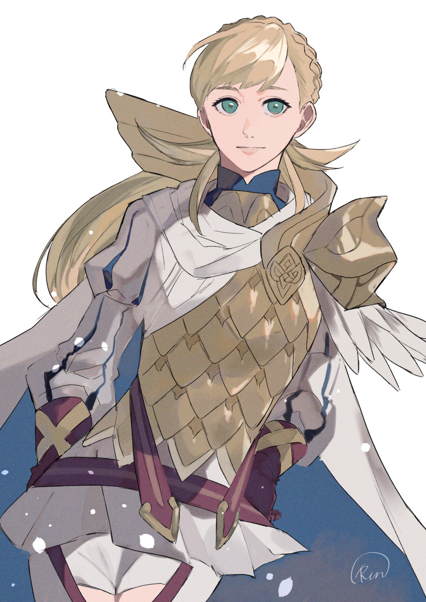 1girl absurdres blonde_hair closed_mouth commentary_request facing_viewer fire_emblem fire_emblem_heroes green_eyes hands_on_own_hips highres long_hair looking_at_viewer runteya sharena_(fire_emblem) solo swept_bangs upper_body