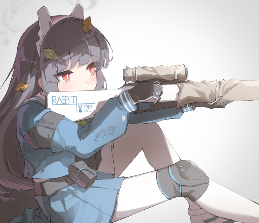 1girl aiming animal_ears belt_pouch black_gloves blue_archive blue_hair blue_shirt blue_skirt blunt_bangs bright_pupils fake_animal_ears frown gloves grey_halo gun halo highres holding holding_gun holding_weapon knee_pads knees_up leaf leaf_on_head long_hair looking_at_object miya_kazutomo miyu_(blue_archive) pantyhose pleated_skirt pouch rabbit_ears red_eyes sailor_collar school_uniform scope shirt simple_background single_knee_pad sitting skirt sniping solo tactical_clothes weapon weapon_request white_background white_footwear white_pantyhose white_sailor_collar