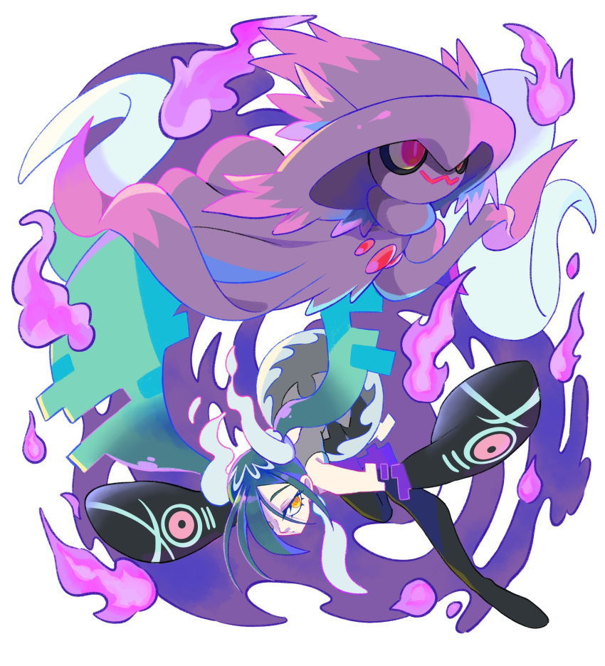 aqua_hair black_thighhighs detached_sleeves floating ghost ghost_miku_(project_voltage) glitch gradient_hair grey_shirt hair_over_one_eye hatsune_miku highres long_hair mismagius multicolored_hair necktie pokemon pokemon_(creature) project_voltage red_eyes shirt skirt sleeves_past_fingers sleeves_past_wrists thigh-highs twintails very_long_hair vocaloid will-o'-the-wisp_(mythology) yamifuti yellow_eyes