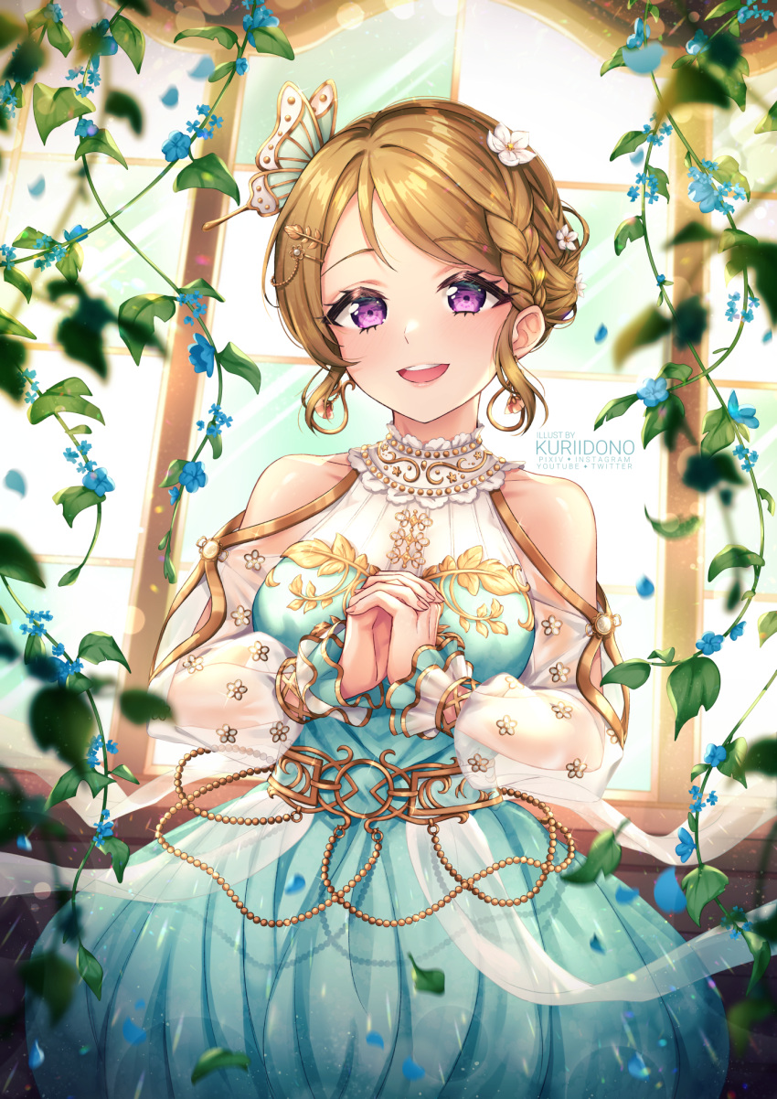 1girl aqua_dress artist_name bare_shoulders blue_flower blurry braid brown_hair butterfly_hair_ornament collar commentary depth_of_field dress flower gold_trim hair_flower hair_ornament hairclip happy highres koizumi_hanayo kuriidono looking_at_viewer love_live! love_live!_school_idol_festival_all_stars love_live!_school_idol_project official_alternate_costume open_mouth own_hands_clasped own_hands_together plant see-through see-through_sleeves short_hair sidelocks single_bang single_braid solo swept_bangs teeth upper_teeth_only vines violet_eyes white_collar window