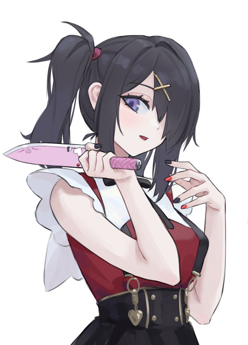 1girl absurdres ame-chan_(needy_girl_overdose) bare_arms black_hair black_nails black_ribbon black_skirt blue_eyes breasts chinese_commentary commentary_request hair_ornament hair_over_one_eye hand_up highres holding holding_knife knife looking_at_viewer medium_breasts medium_hair multicolored_nails neck_ribbon needy_girl_overdose one_eye_covered open_mouth red_nails red_shirt ribbon shirt shortofsugar simple_background skirt solo twintails upper_body white_background x_hair_ornament