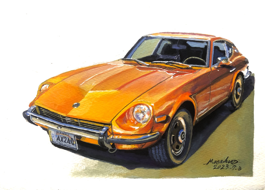 absurdres acrylic_paint_(medium) artist_name atelier_634 car dated datsun datsun_240z highres license_plate motor_vehicle nissan nissan_fairlady_z no_humans orange_car original painting_(medium) shadow signature simple_background traditional_media vehicle_focus white_background