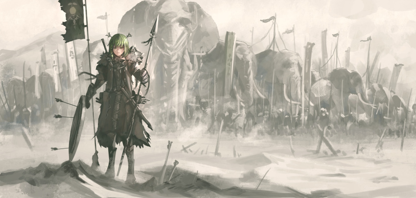 1girl advarcher antlers armor army arrow_(projectile) banner battle_standard battlefield ceres_fauna elephant green_hair highres hololive hololive_english long_hair polearm shield spear standing sword virtual_youtuber war_banner weapon