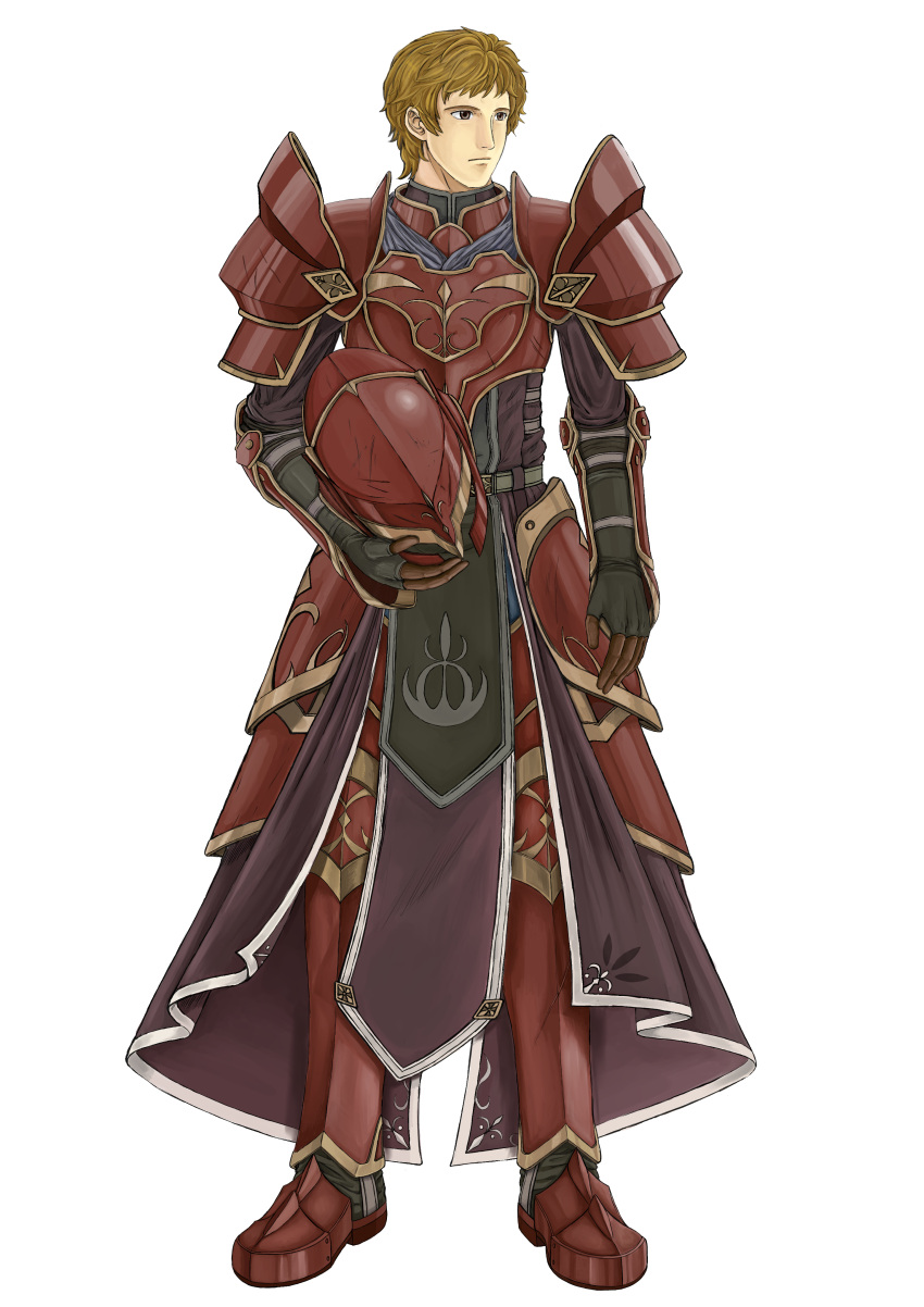 1boy absurdres armor blonde_hair breastplate brown_eyes caada-nyquist commentary_request fingerless_gloves fire_emblem fire_emblem:_radiant_dawn full_body gloves helmet highres holding holding_helmet levail_(fire_emblem) looking_to_the_side partial_commentary red_armor red_footwear short_hair simple_background solo very_short_hair