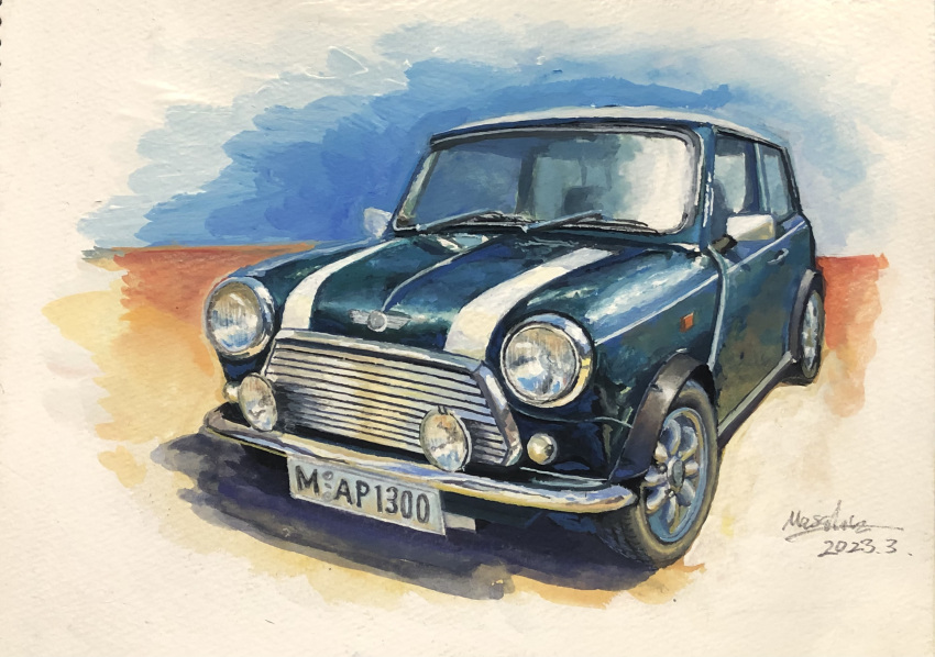 absurdres artist_name atelier_634 blue_sky car dated green_car highres license_plate mini_cooper motor_vehicle no_humans original painting_(medium) shadow signature simple_background sky traditional_media vehicle_focus white_background