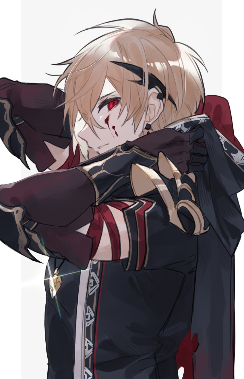 1boy absurdres arms_up black_cape black_shirt blonde_hair blood blood_on_face border cape character_request commentary_request earrings elbow_gloves empty_eyes from_side gloves granblue_fantasy grey_background highres hood hooded_cape jewelry lens_flare looking_at_viewer male_focus necklace profile purple_gloves red_eyes shirt short_hair simple_background slit_pupils solo yakota_(usuk-yako)