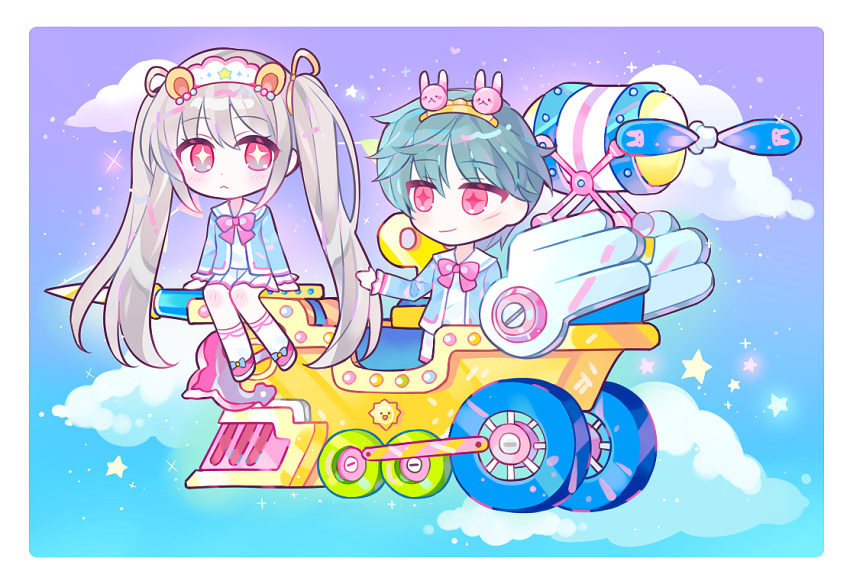 +_+ :&lt; blue_jacket blue_sky blush bow character_request chibi closed_mouth clouds g_ieep gradient_eyes gradient_sky green_hair grey_eyes grey_hair jacket long_hair maplestory multicolored_eyes open_clothes open_jacket pink_bow pink_eyes pink_footwear pleated_skirt purple_sky sailor_collar shirt shoes skirt sky smile socks star_(symbol) twintails very_long_hair white_sailor_collar white_shirt white_skirt white_socks