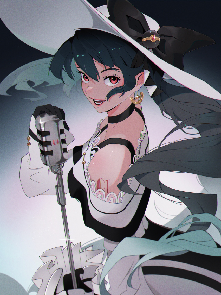 1girl absurdres bclarissart black_bow black_choker black_gloves bow choker dark_miku_(project_voltage) earrings gloves hat hat_bow hatsune_miku highres holding holding_microphone jewelry long_hair long_sleeves looking_at_viewer luxury_ball microphone off_shoulder open_mouth poke_ball pokemon project_voltage red_eyes twintails umbrella very_long_hair vocaloid
