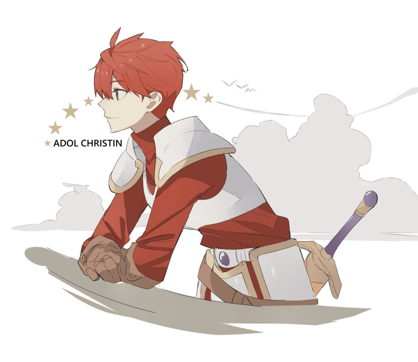 1boy adol_christin ahoge armor breastplate brown_eyes english_text from_side george_man gloves highres pauldrons redhead shoulder_armor solo sword weapon ys