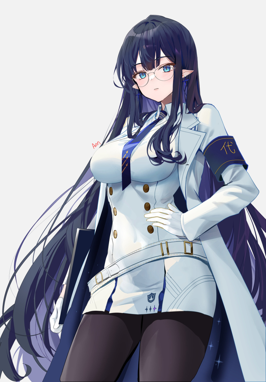 1girl a_(sofi3103) absurdres belt black_hair blue_archive blue_eyes breasts cowboy_shot glasses gloves highres large_breasts long_hair long_sleeves pointy_ears rin_(blue_archive) signature simple_background solo white_background white_belt white_gloves