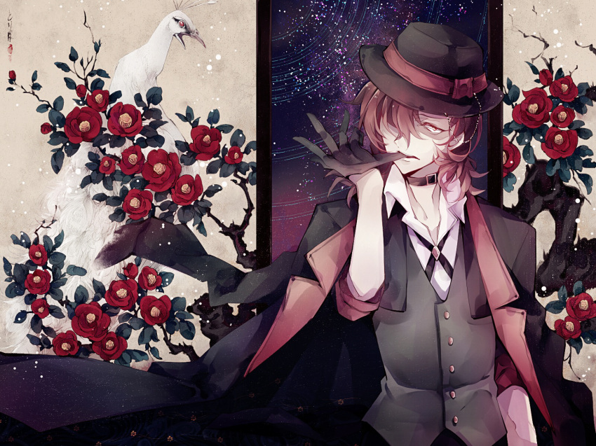 1boy belt_collar bird biting black_coat black_collar black_gloves black_headwear black_jacket black_pants bungou_stray_dogs camellia coat coat_on_shoulders collar collared_shirt cropped_jacket cross_tie eveshut fedora flower glove_biting gloves grey_vest hair_over_one_eye hand_up hanging_scroll hat jacket lapels looking_at_viewer male_focus medium_hair nakahara_chuuya night notched_lapels open_collar orange_hair pants peacock red_eyes red_flower scroll shirt sky sleeves_rolled_up snowing solo star_(sky) star_trail starry_sky tree upper_body vest white_shirt